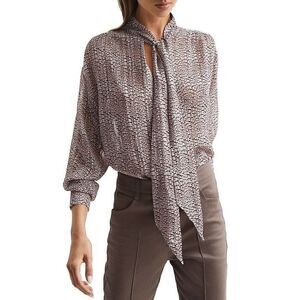 REISS Pink Chiffon Button front long sleeve tie collar metallic trim blouse US 6